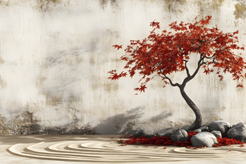 ein Baum mit roten Blüten vor einem nebligen Hintergrund.